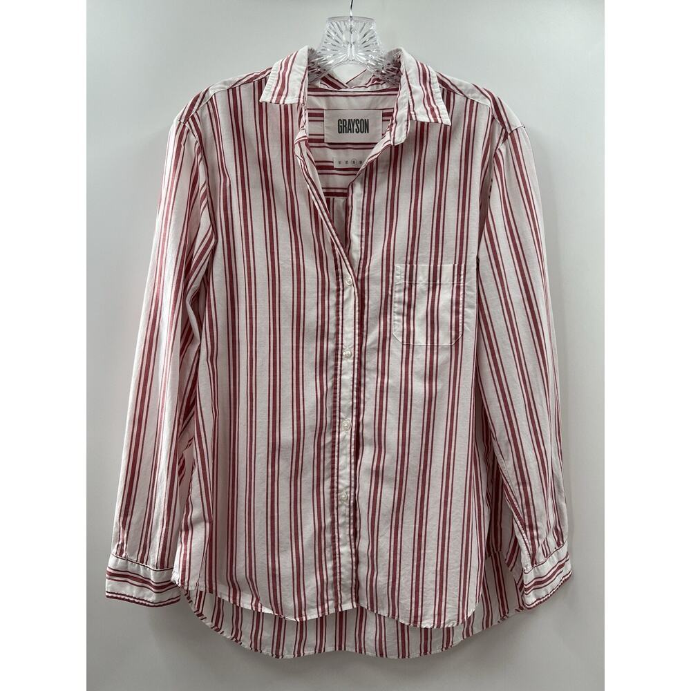 Grayson Women’s Long Sleeve Button Up “The Hero” Red & White Striped Shirt M